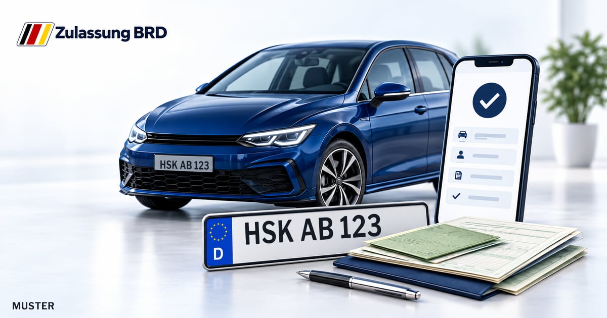 Online Fahrzeugzulassung in Schmallenberg: Musterkennzeichen HSK AB 123, Auto und Fahrzeugpapiere und Smartphone. Illustration mit Logo von Zulassung BRD.
